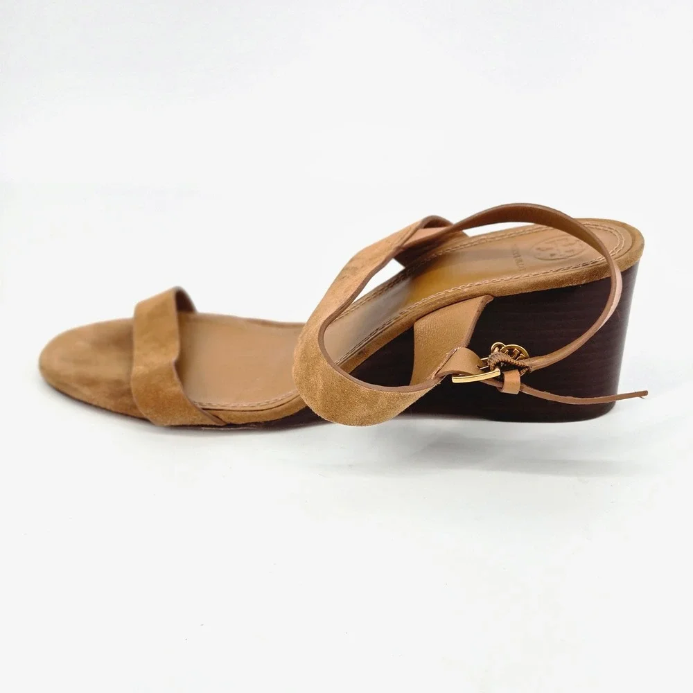 Tory Burch Mini Benton 65mm Wedge Sandal Kid Suede Amaretto Brown Women Size 10M